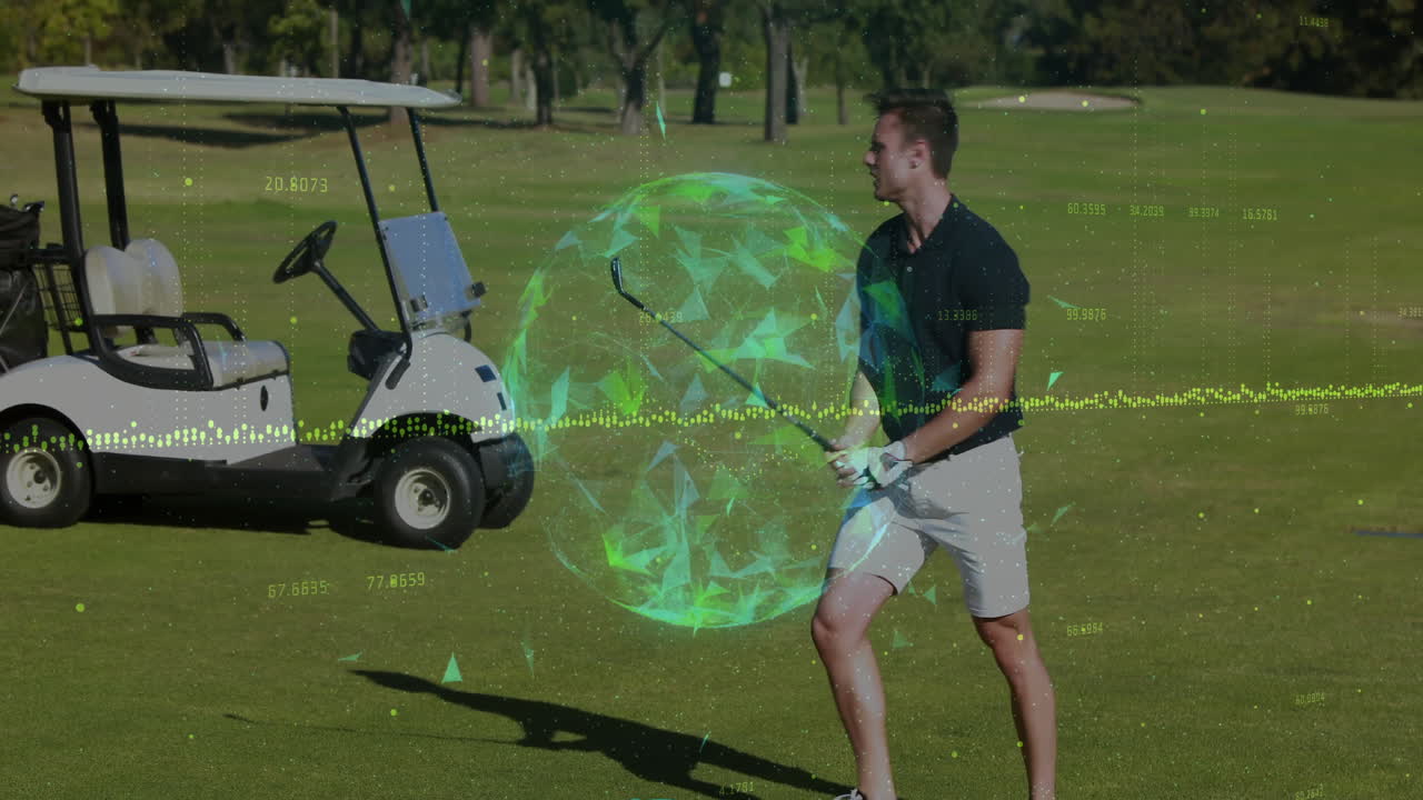 male golfer standing on fairway next to cart, visualizing AR sphere with floating data points