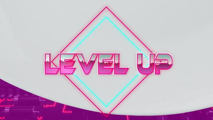 Animation of level up in pink metallic letters over pink and grey
