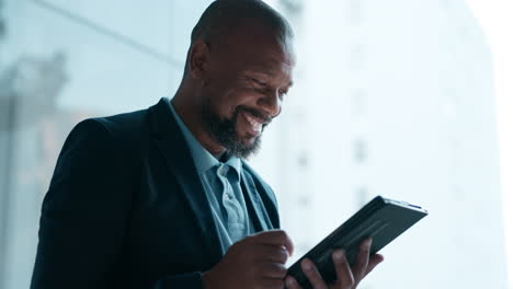 business man, tablet and thinking of stock market