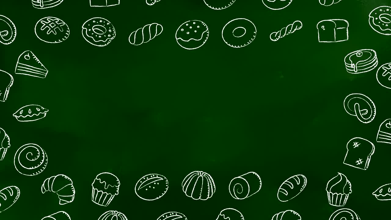 panadería en movimiento patrón de marco de remolino fondo dibujos animados a mano tiza dibujo contorno ilustración de trazo aislado en tablero verde fondo animación de bucle sin costuras 4k, con espacio de copia central