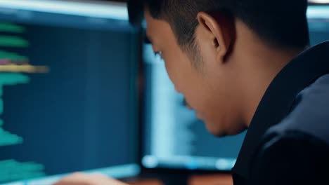 a man working on a computer at night, coding.