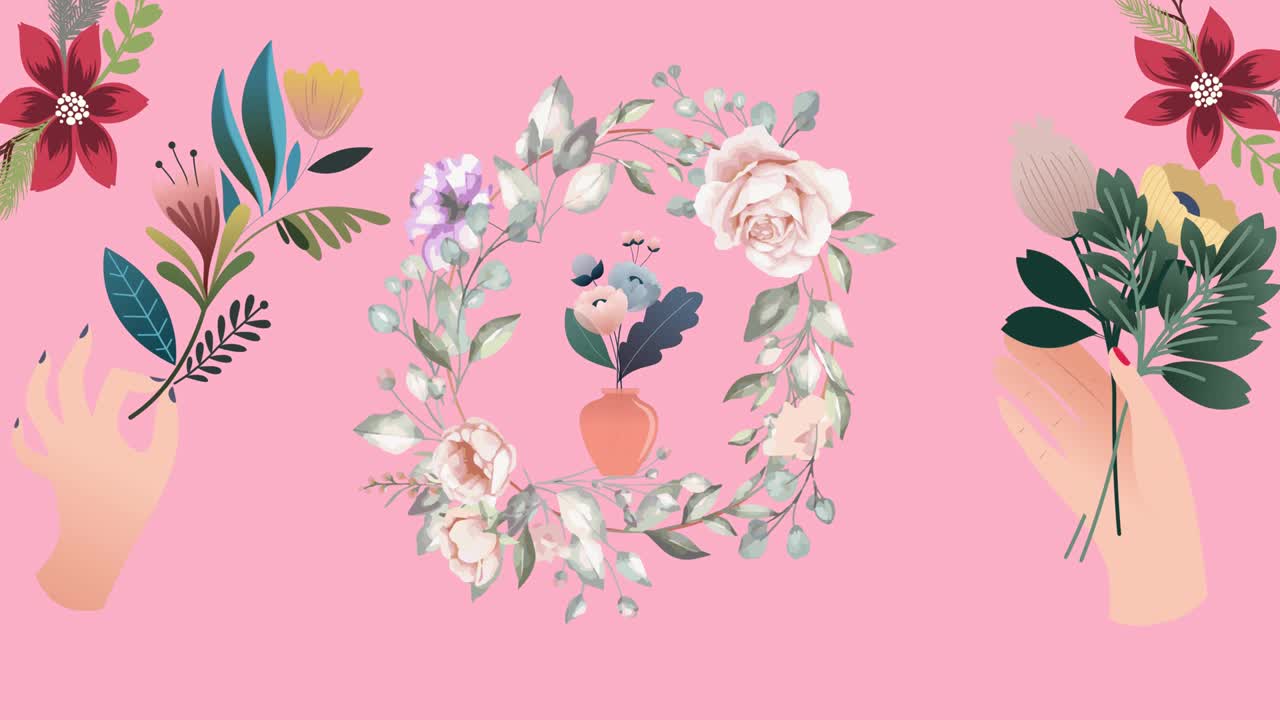 분홍색 배경에서 최면 운동으로 움직이는 꽃의 애니메이션