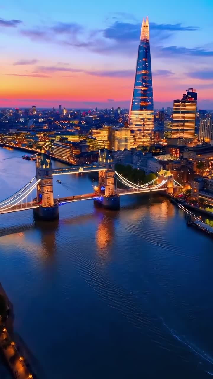 Vídeo aéreo de Londres ao pôr do sol, mostrando a paisagem urbana e o rio de um ângulo elevado.