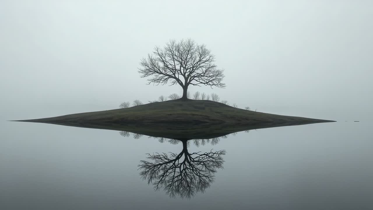 Zooming camera moving toward leafless tree on grassy island, revealing branches reflecting in fog