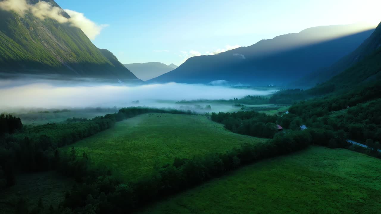 niebla matutina sobre el valle entre las montañas a la luz del sol. niebla y hermosa naturaleza de noruega imágenes aéreas.