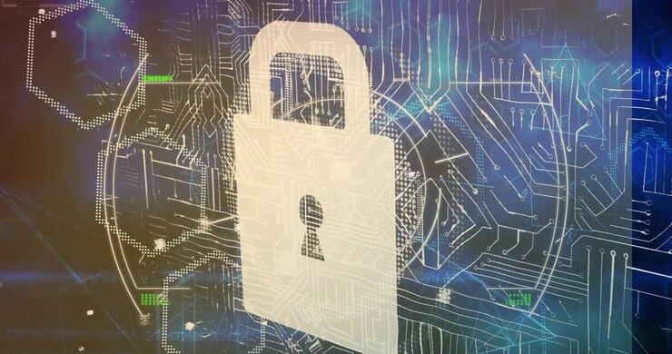 Animation of scope scanning over security padlock icon and hexagonal shapes against blue background
