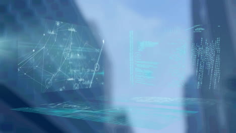 animation of diverse data over blurred city financial district