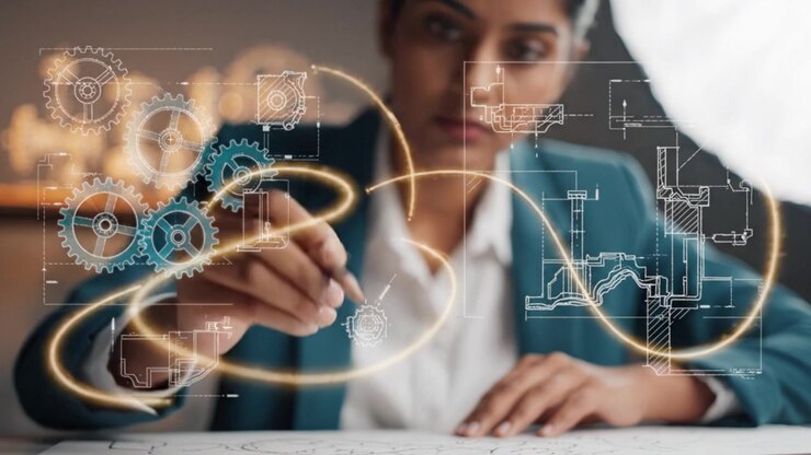 Focused professional woman designing innovative solutions with gears and diagrams, merging creativity and engineering through detailed drawings and blueprints.