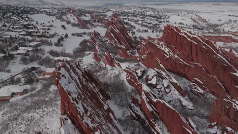 Fresh-snow-sunny-bluesky-Roxborogh-State-Park-Golf-Course-aerial-drone-Colorado-Front-Range-winter-spring-deep-powder-dramatic-sharp-pointy-red-rocks-mountain-landscape-Littleton-Denver-backwards