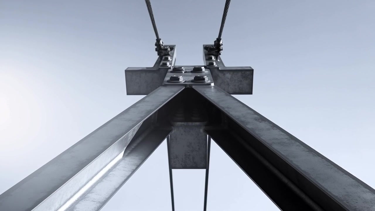 Starting camera rig moving upward through steel lattice pylon outdoors, revealing bolts and cables