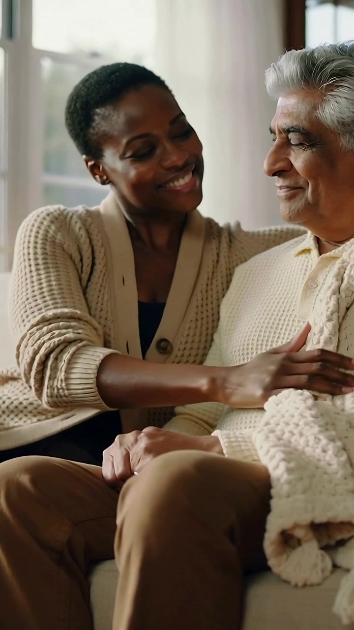 Vertical video: Woman lifting cream throw, draping over senior in sweater on sofa by window, caring