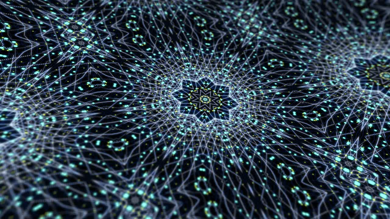 Kaleidoscopic background for yoga, meditation, fitness, clubs etc. Seamless looped abstract animation of digital mandala fractal. 4k motion graphics concept with multicolor floral particles grid