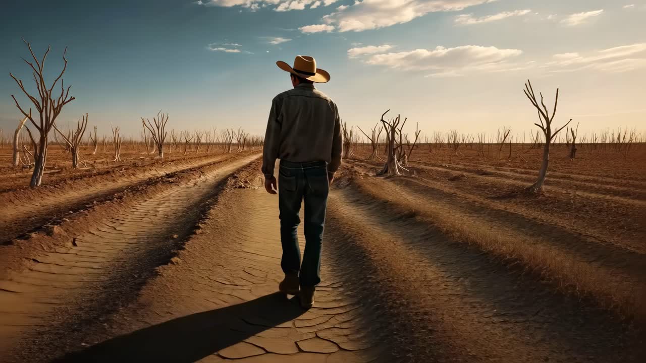 A cowboy walks down a dry, cracked desert road, captured from a low-angle