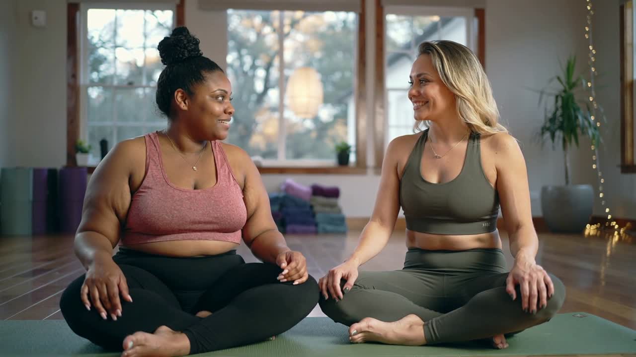 Donna a sinistra che parla, donna a destra che annuisce, in abbigliamento sportivo rosa e oliva durante una sessione di yoga casalingo su un tappetino verde.