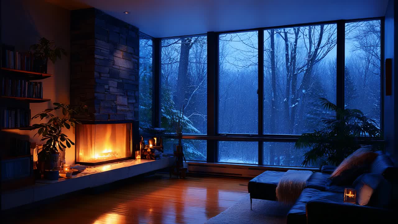 A Tranquil Winter Evening by the Fireplace: Cozy Ambiance Created by Flickering Flames, Soft Candlelight, and a Snowy Landscape Visible Through Large Windows for a Relaxing Atmosphere