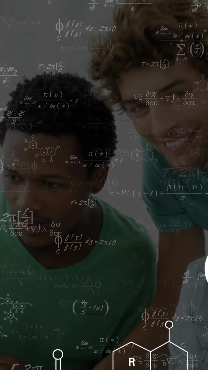 Vertical video: Study group leaning toward laptop activating math chem overlays for study