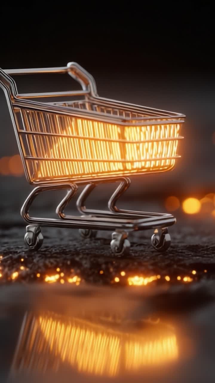 Un carrello della spesa straordinariamente illuminato su una superficie riflettente, che cattura l'essenza del commercio moderno e della creatività in una rappresentazione visiva unica.