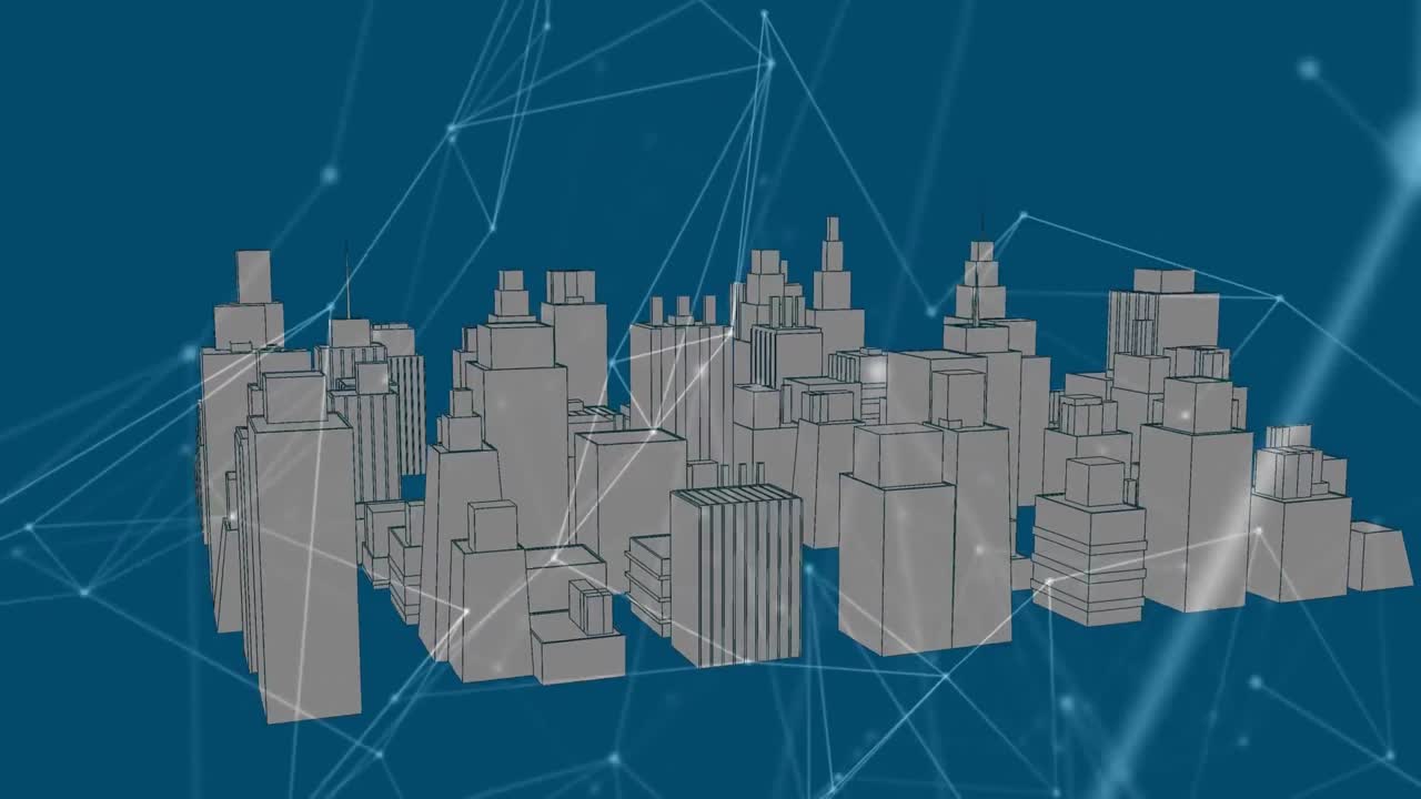animación de la red de conexiones sobre la ciudad digital sobre fondo azul