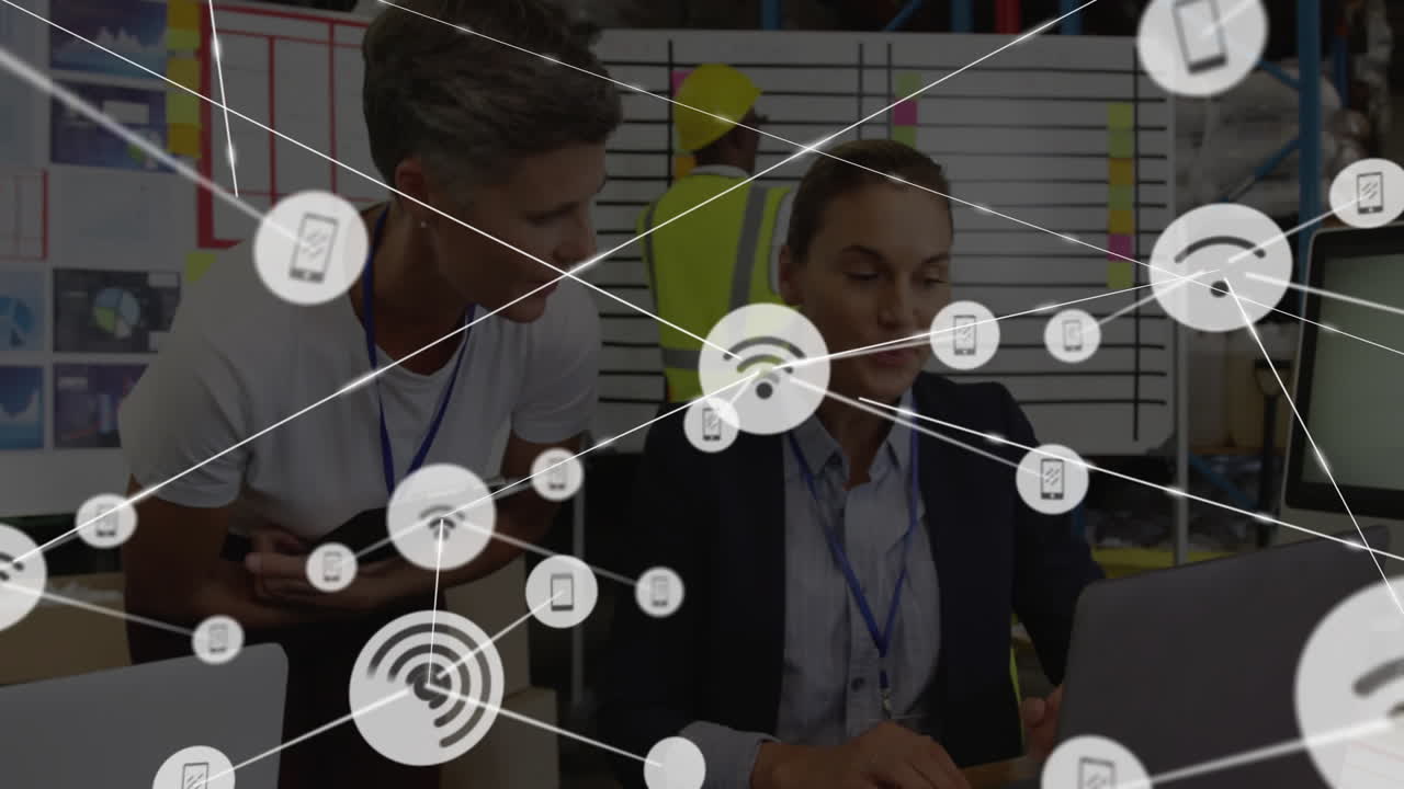 Network connections and data processing animation over business people in office