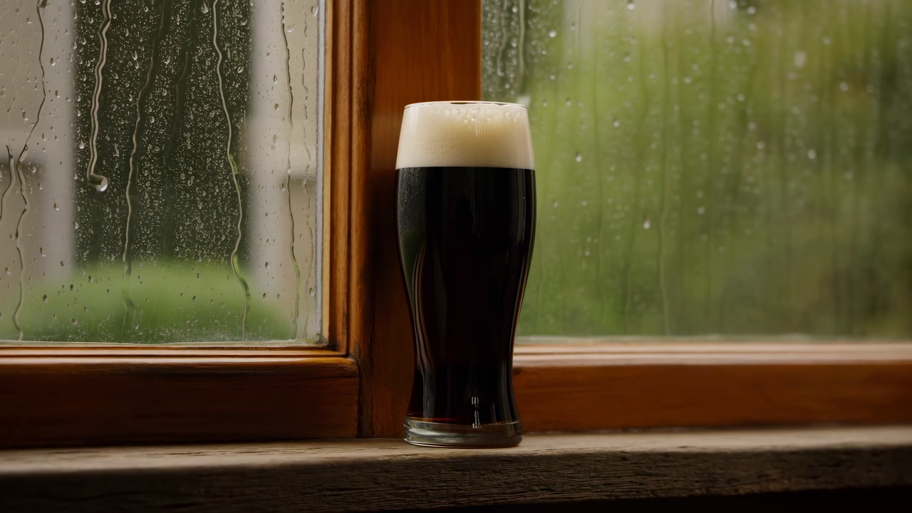 Dark Stout Pint On Windowsill During Rain, Rich Creamy Head And Frothy Foam, Wooden Sill With Drizzle, Blurred