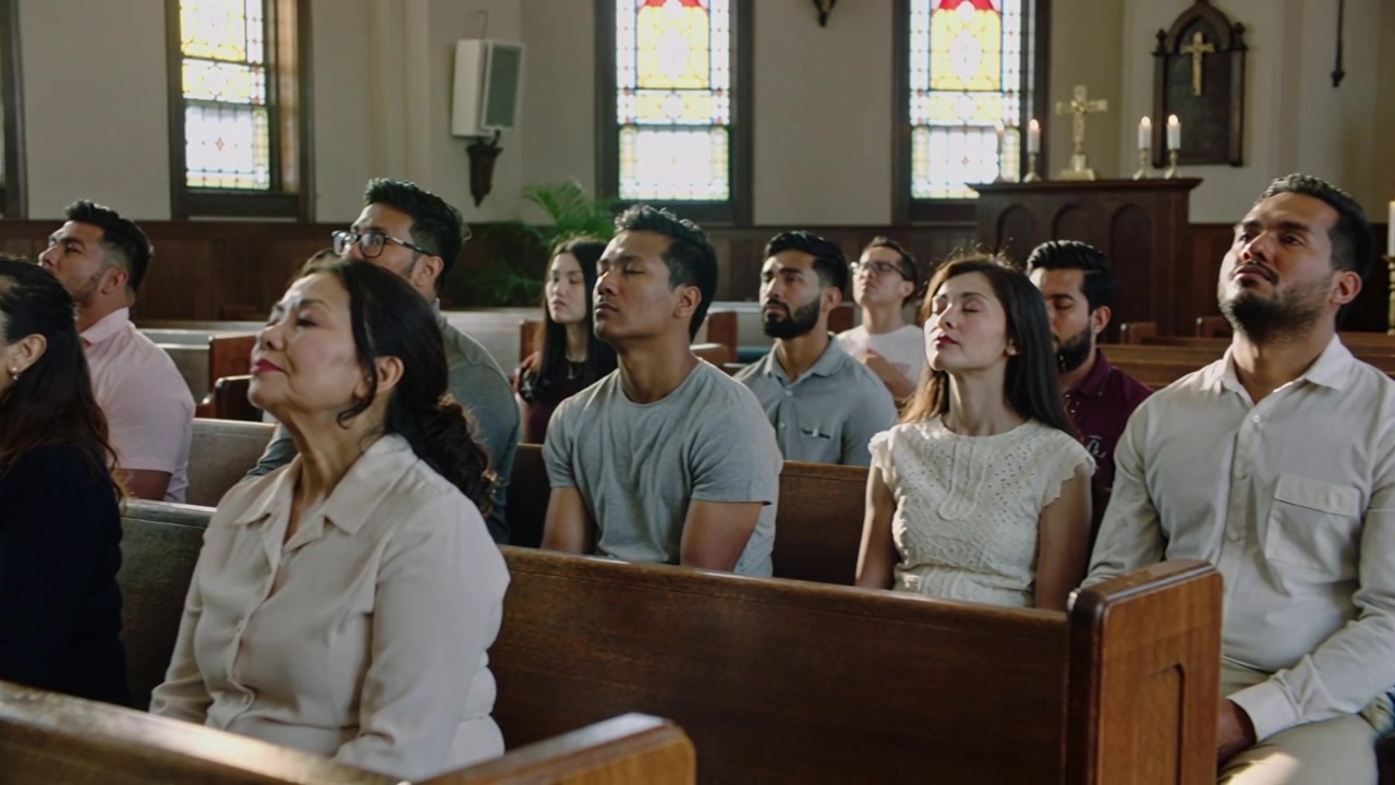 Câmera se movendo revelando fiéis sentados orando e cantando na igreja para o culto, com altar.