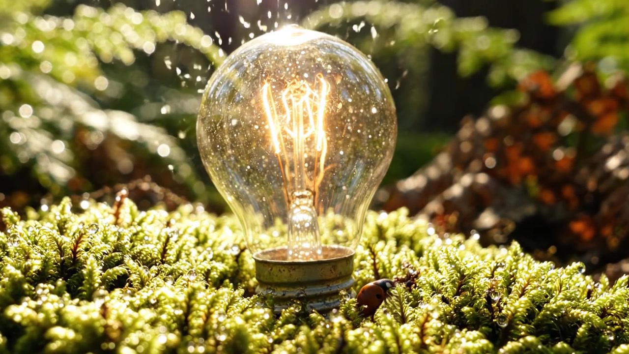 Illuminare la natura: una lampadina scintillante catturata tra una vegetazione lussureggiante e muschio rugiadoso in un ambiente forestale illuminato dal sole.