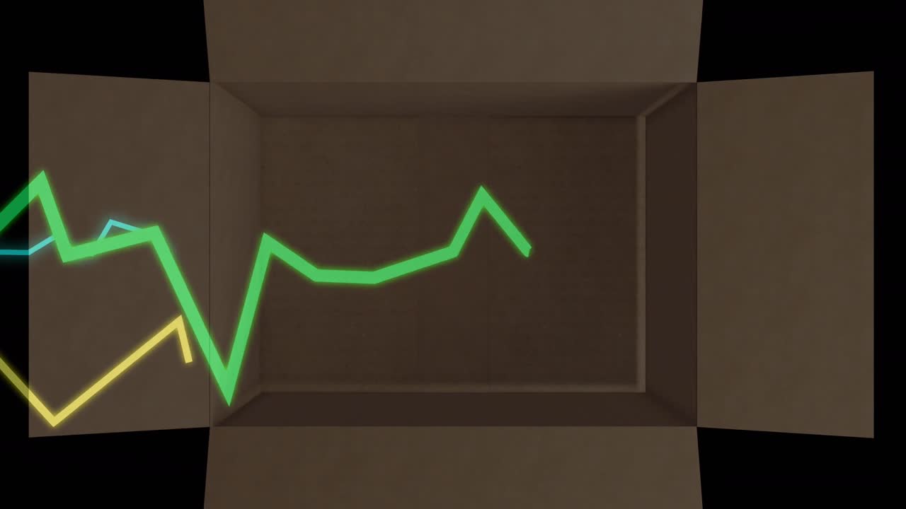 Animation of statistics processing with lines over cardboard box on black background