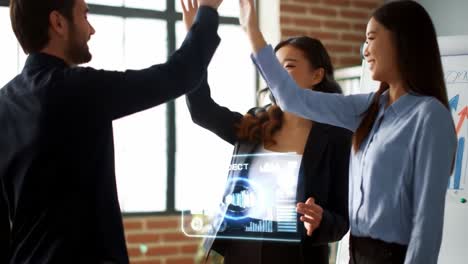 A business professional confidently showcases project metrics and performance trends using a holographic display in a stylish office environment.