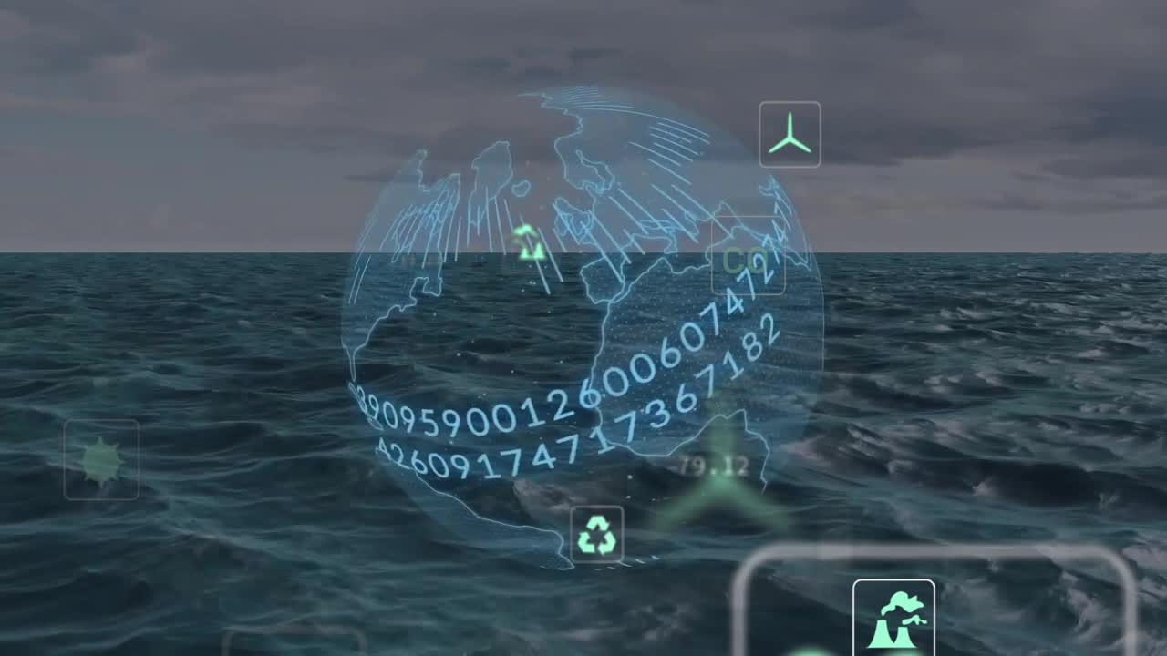 바다에서 데이터 처리와 함께 아이콘과 지구의 애니메이션