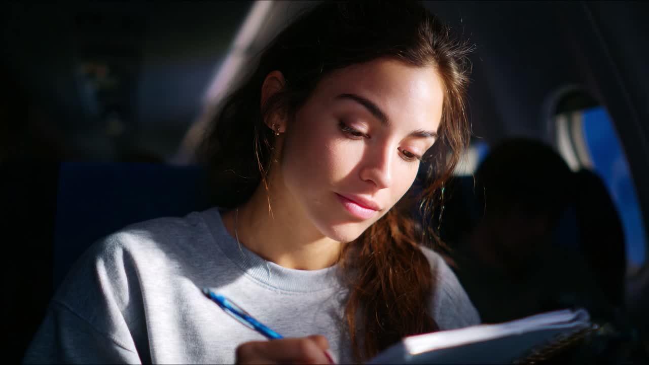 Capturing Moments in Time: A Young Woman Focused on Her Journal While Seated on a Plane, Illuminated by Soft Natural Light, Emphasizing Creativity and Introspection During Travel