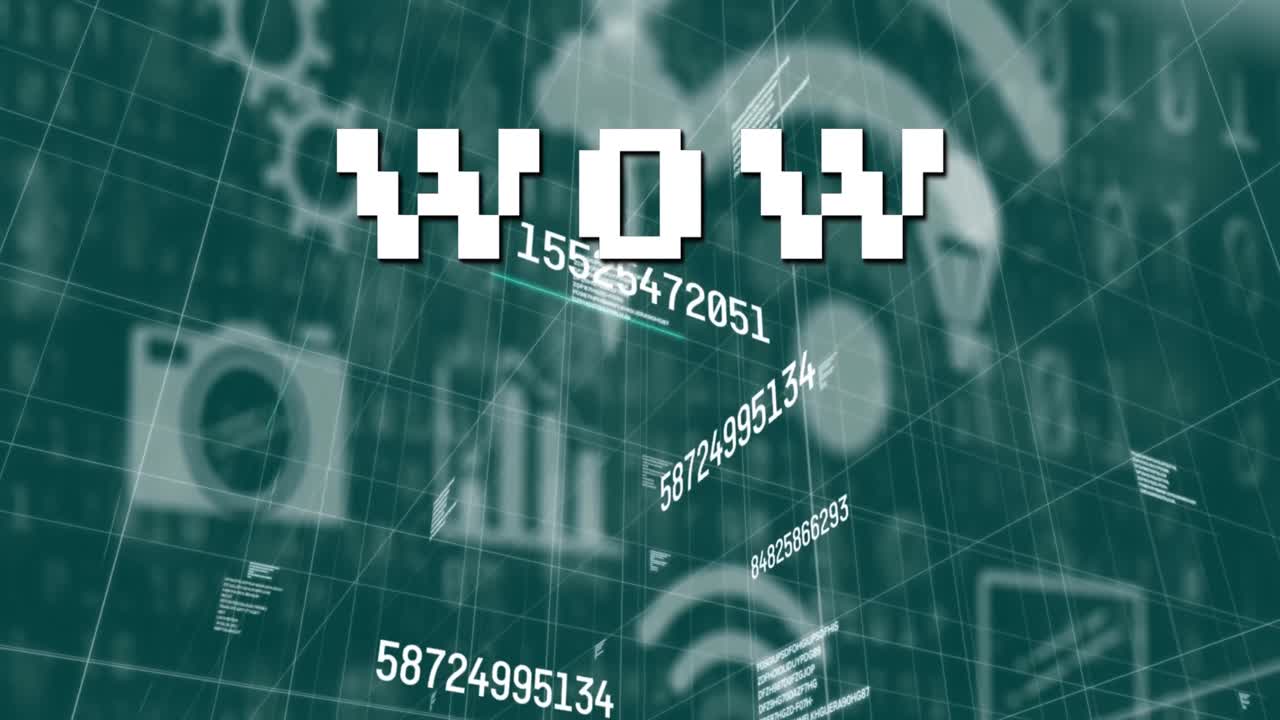 animación de texto sobre cuadrícula azul y procesamiento de datos