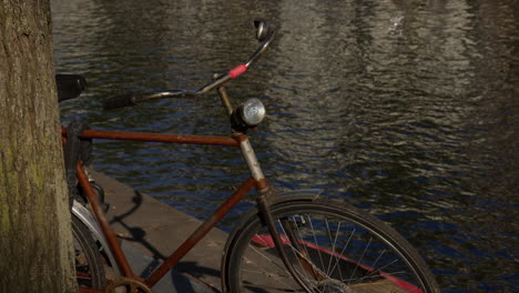 a traditional vintage bike in the streets of amsterdam, netherlands. close-up shot