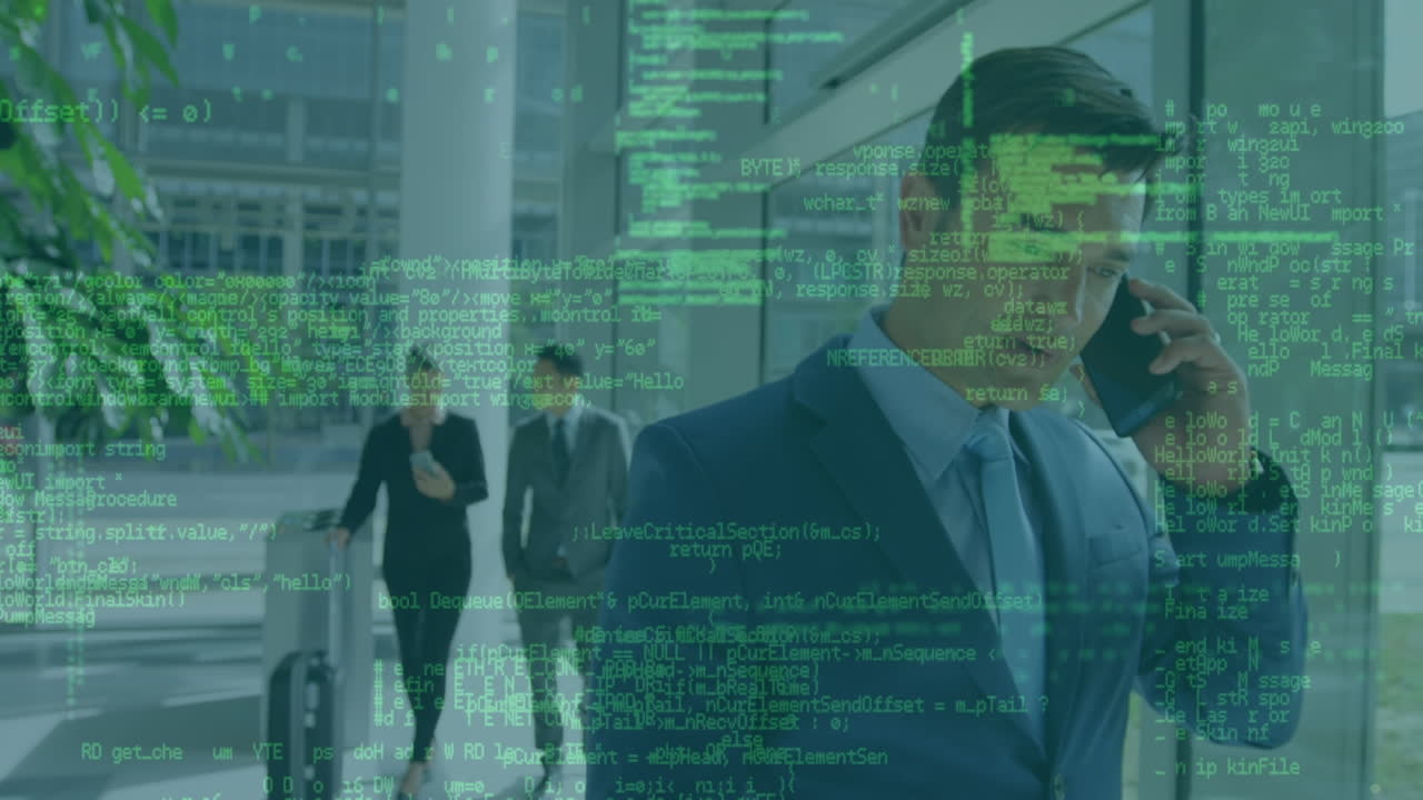 Animação de processamento de dados sobre um empresário caucasiano falando ao smartphone