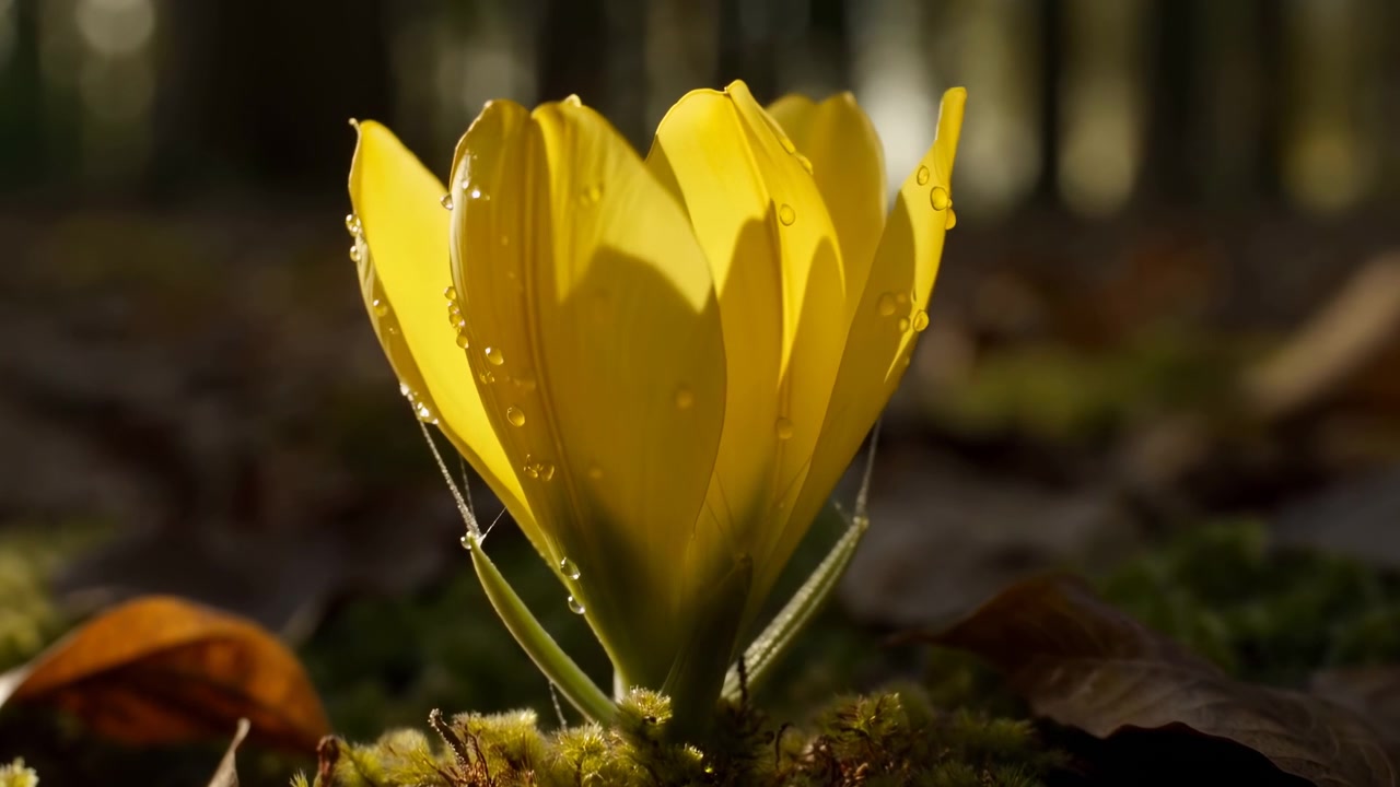 Lys gul blomst folder seg gradvis ut blant mose og falne blader, med mykt sollys som belyser kronbladkanter, fine dråper, grunne naturlige omgivelser og en rolig nærbildekomposisjon