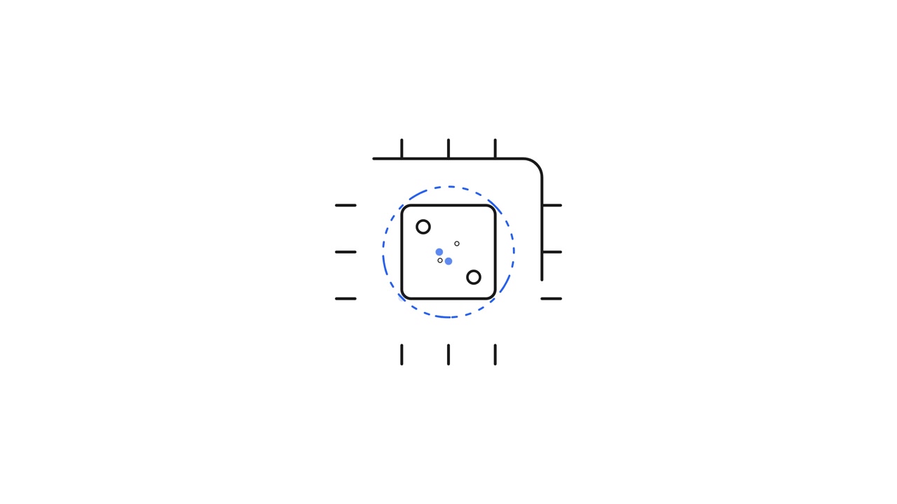 Icono de microchip animado con puntos de datos giratorios