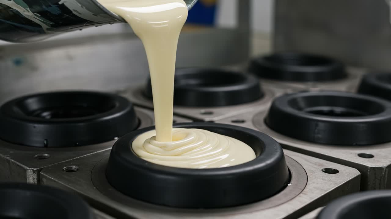 Pouring Creamy Mixture into Molds: A Detailed Look at the Contours and Texture Formation in Food Production Process