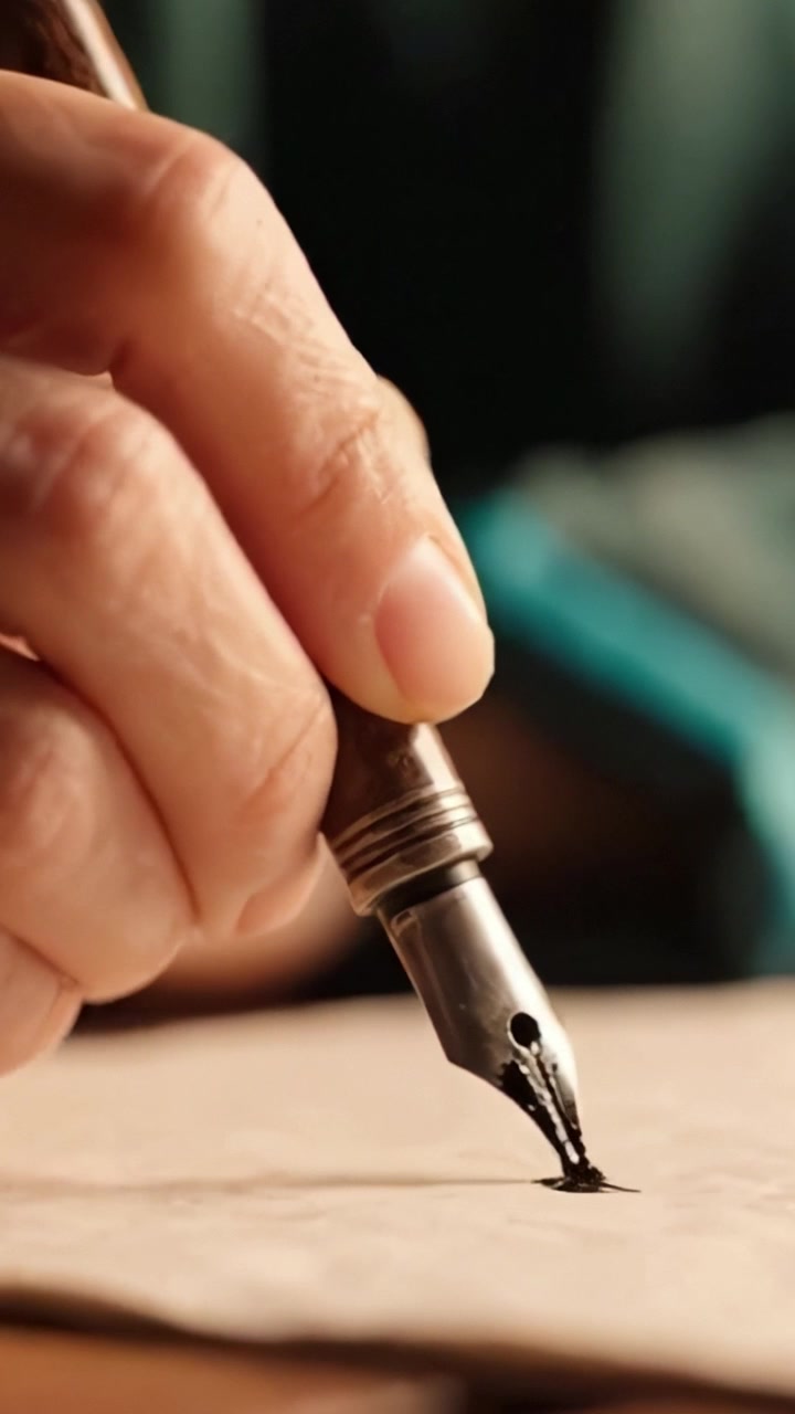 Expresión artística a través de la caligrafía: Un primer plano de escritura a mano con una pluma estilográfica, mostrando los detalles de los movimientos fluidos y el flujo de la tinta.