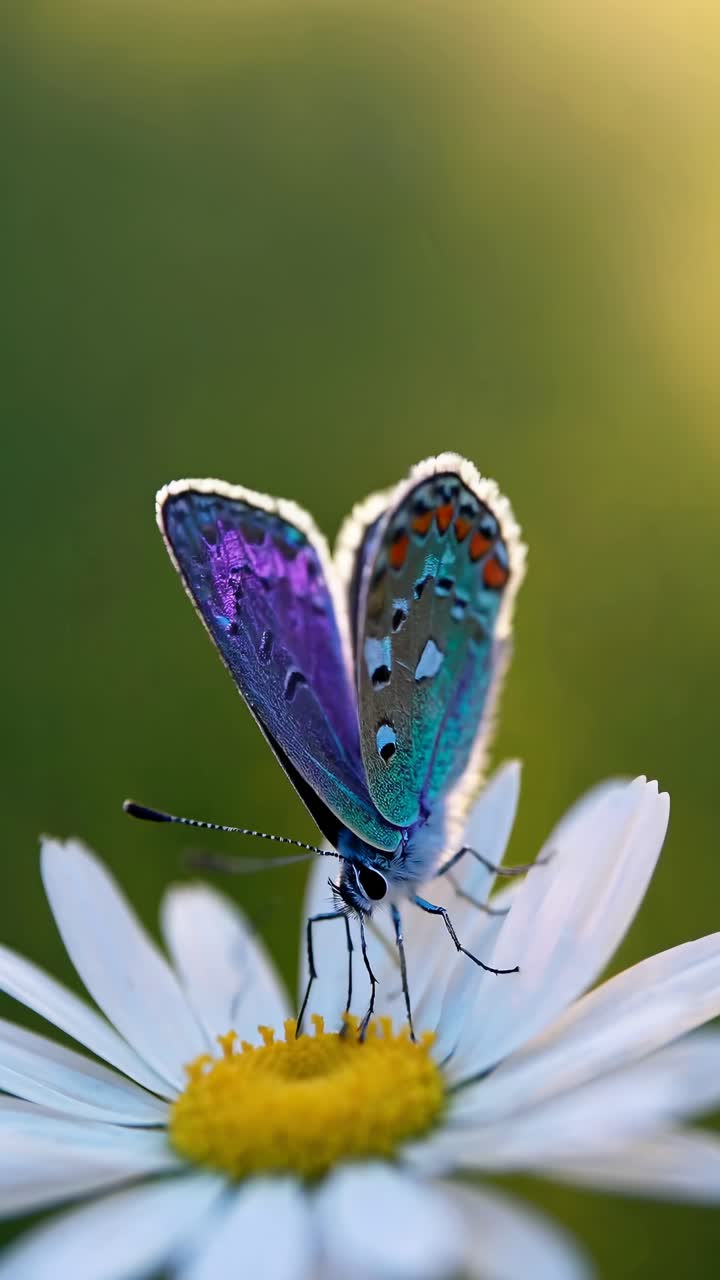 Video ravvicinato di una farfalla vivace su una margherita, ripreso dal basso, che evidenzia dettagli intricati.