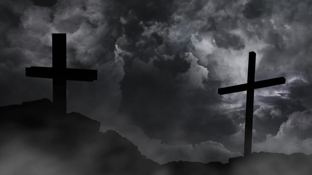 언덕 위에 두 개의 십자가 기둥이 그려져 있습니다.