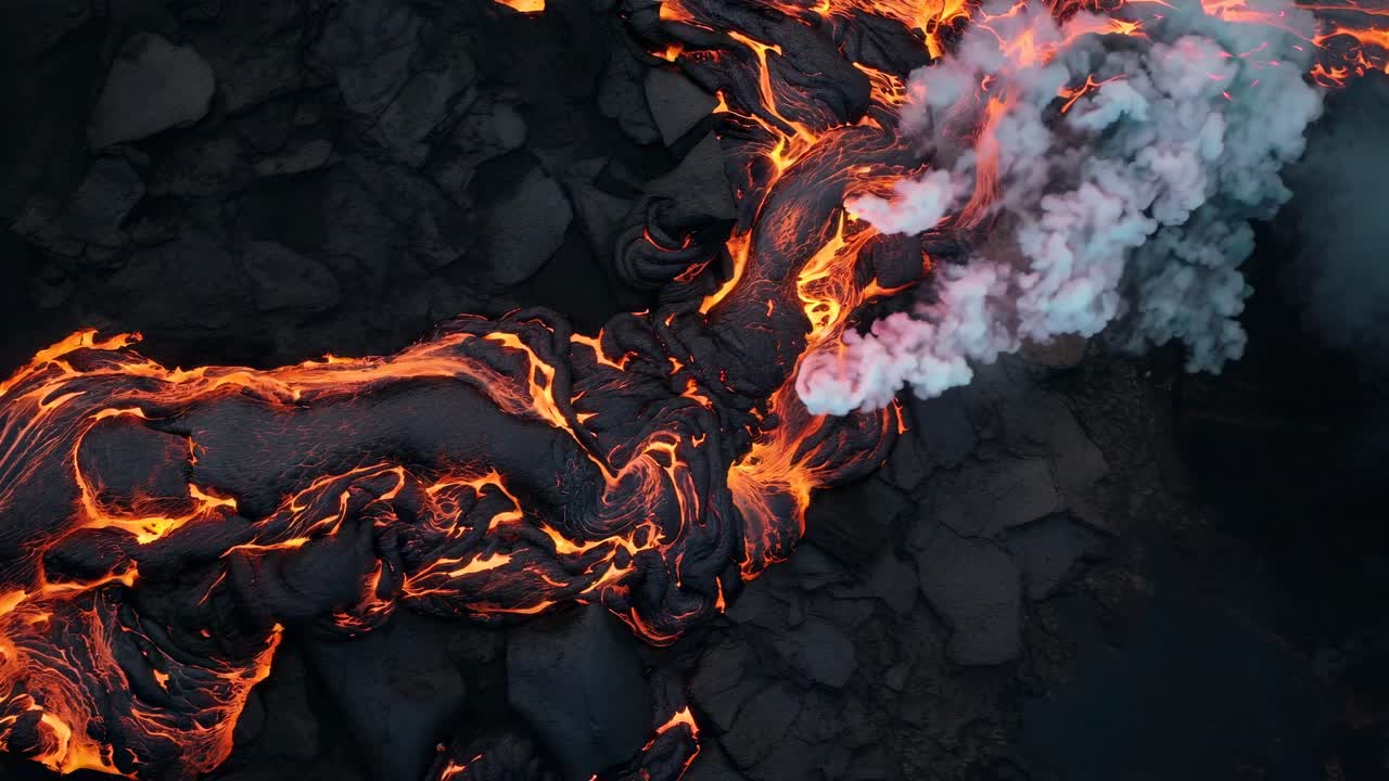 Vista aerea di lava che scorre con fumo, che mostra una scena naturale drammatica e intensa.