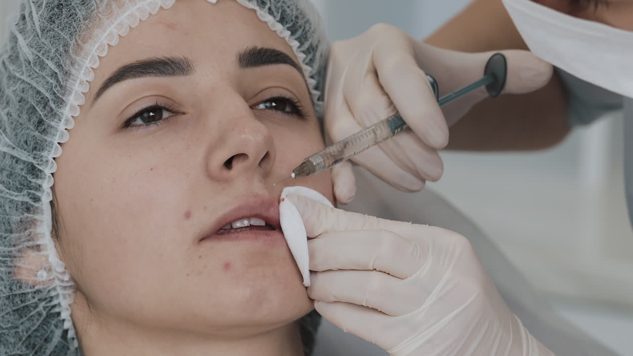 Woman receiving lip filler injection from a beautician