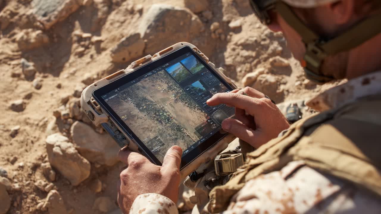 Military Personnel Utilizing Advanced Technology on a Tablet for Tactical Operations in a Remote Environment, Assessing Landscape and Terrain Data