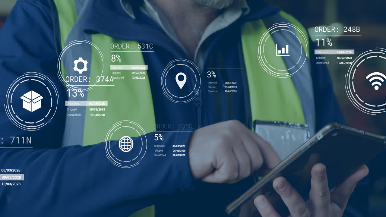 Using tablet with digital order animation, warehouse worker processing data