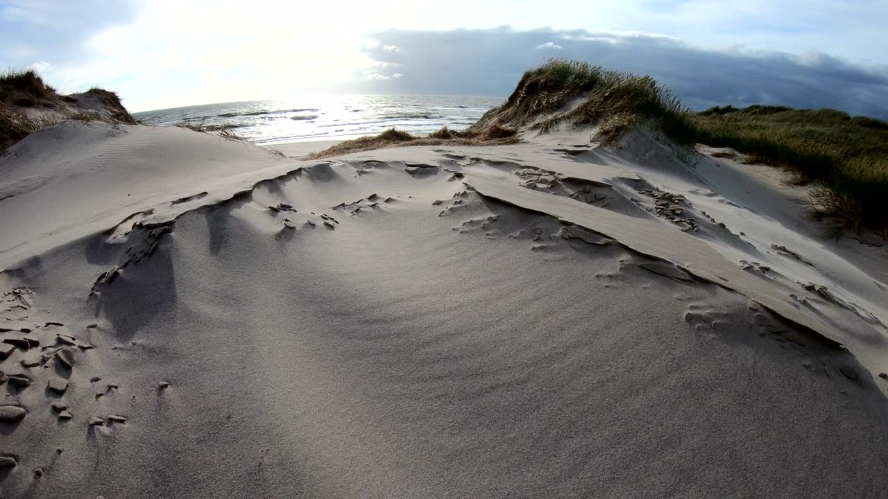 Sand dunes with dune grass in the storm of the North Sea, hiking dunes, dike protection, Sondervig, Jutland, Denmark, 4k