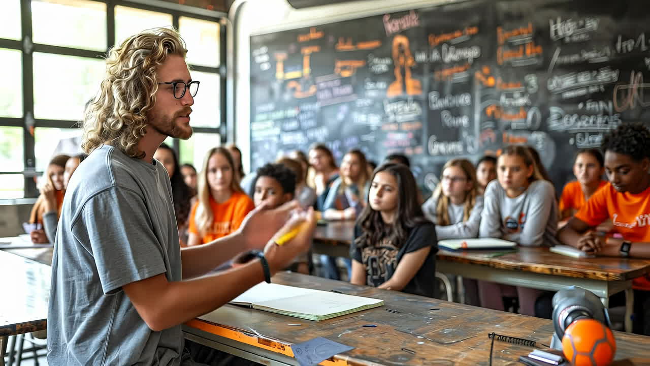 Gli studenti imparano dall'insegnante. Un insegnante parla a un gruppo di studenti in una classe