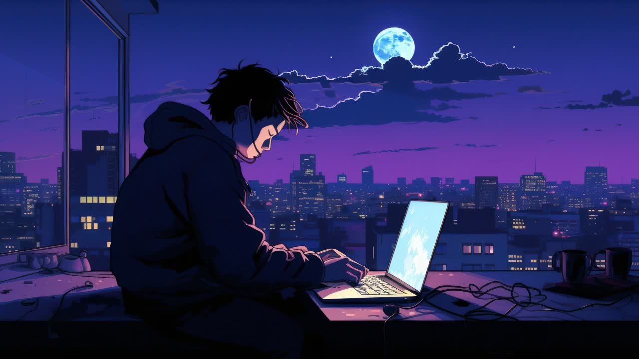 Anime-style video concept with a side view angle of a person using a laptop against a cityscape