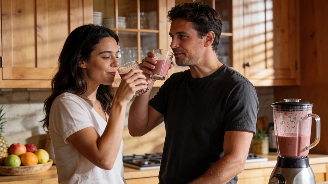 Liquidificador finalizando, casal de camisetas bebendo e provando smoothie de copos transparentes no balcão da cozinha.