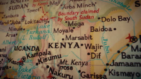 close-up view of a geographical map focused on kenya and east africa