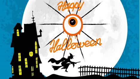 Animation-Eines-Fröhlichen-Halloween-Textes-über-Einem-Spukhaus-Und-Einer-Fliegenden-Hexe