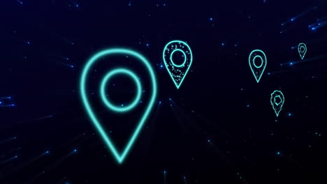 animación de iconos de pines de ubicación con conexiones y procesamiento de datos sobre fondo oscuro